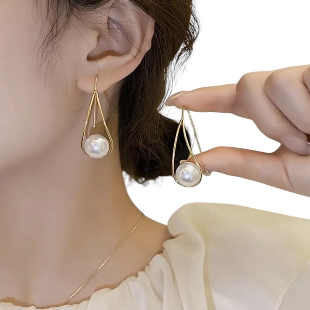 Gold Wire Drop Style Earrings with Large Pearl Accent